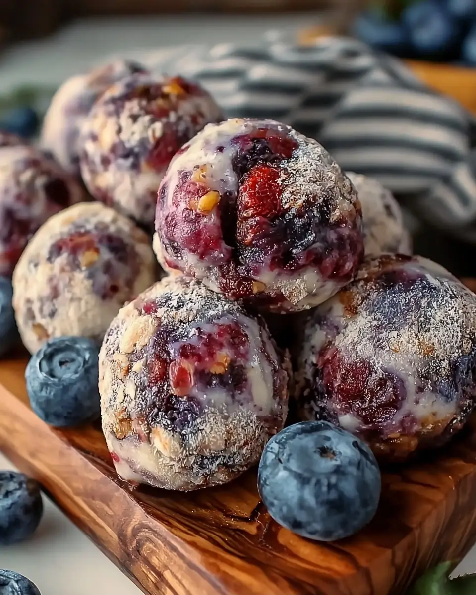 A delicious plate of Blueberry Cheesecake Protein Bites