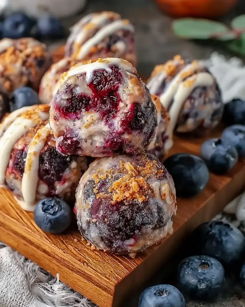 A delicious plate of Blueberry Cheesecake Protein Bites