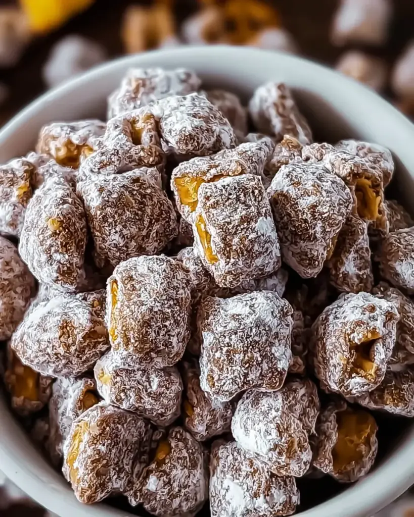 A delicious plate of Butterfinger Puppy Chow: Irresistible No-Bake Snack Bliss