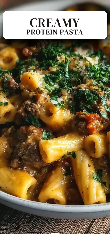 Pinterest pin (Design 2) for Creamy Beef Pasta Recipe 28g Protein Easy One-Pan Family Meal