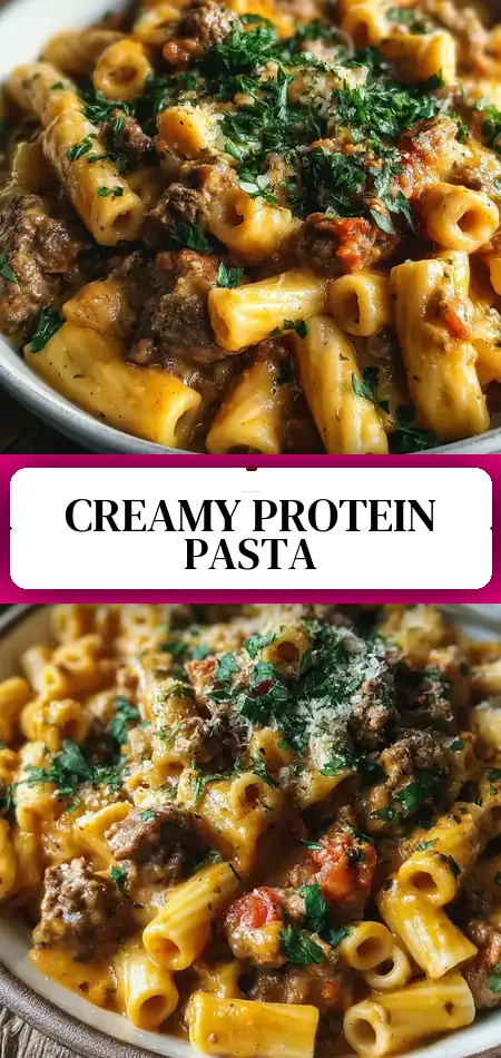 Pinterest pin (Design 3) for Creamy Beef Pasta Recipe 28g Protein Easy One-Pan Family Meal