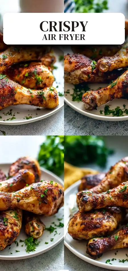 Pinterest pin (Design 2) for Crispy Air Fryer Chicken Drumsticks Recipe That's Easy & Delicious