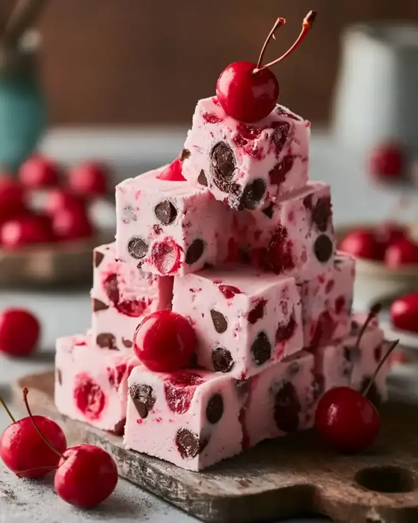 A delicious plate of Cherry Garcia Fudge: The Ultimate No-Bake Recipe for Creamy Bliss
