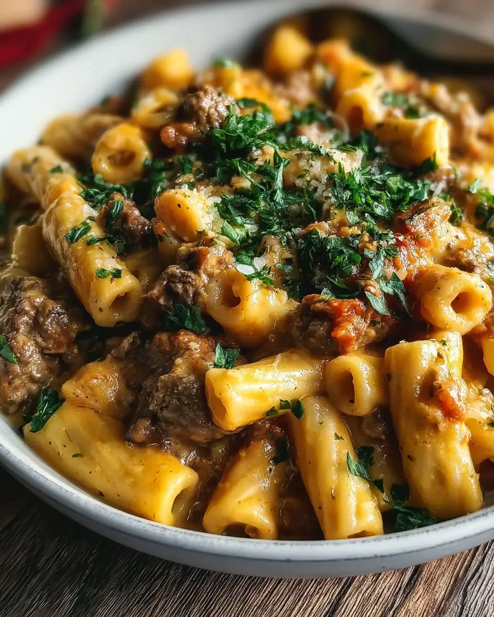 A delicious plate of Creamy Beef Pasta Recipe 28g Protein Easy One-Pan Family Meal