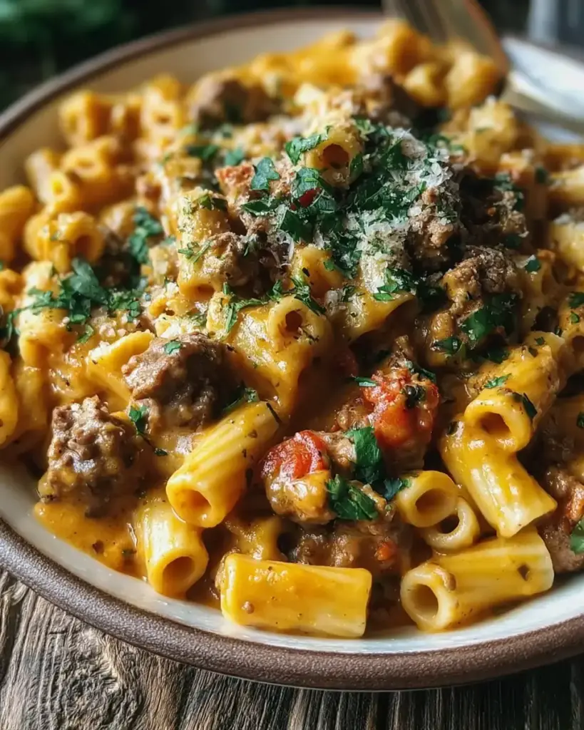 A delicious plate of Creamy Beef Pasta Recipe 28g Protein Easy One-Pan Family Meal