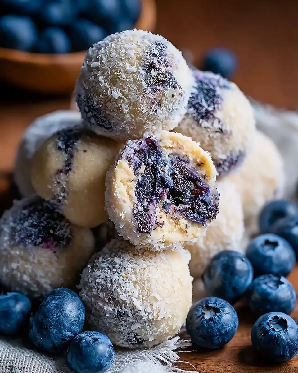 A delicious plate of Creamy Blueberry Cheesecake Protein Balls