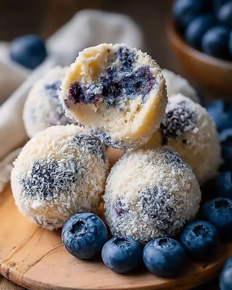 A delicious plate of Creamy Blueberry Cheesecake Protein Balls