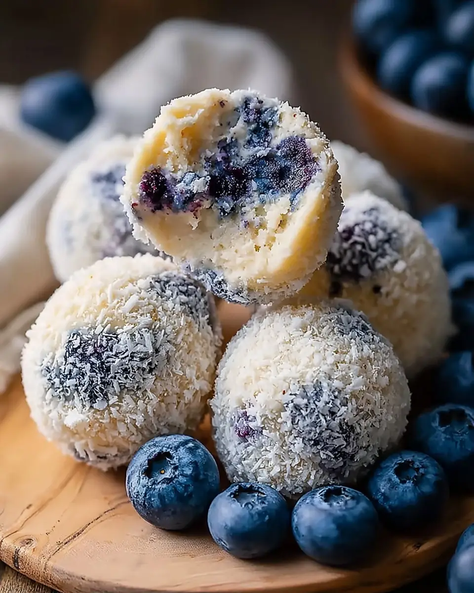 A delicious plate of Creamy Blueberry Cheesecake Protein Balls