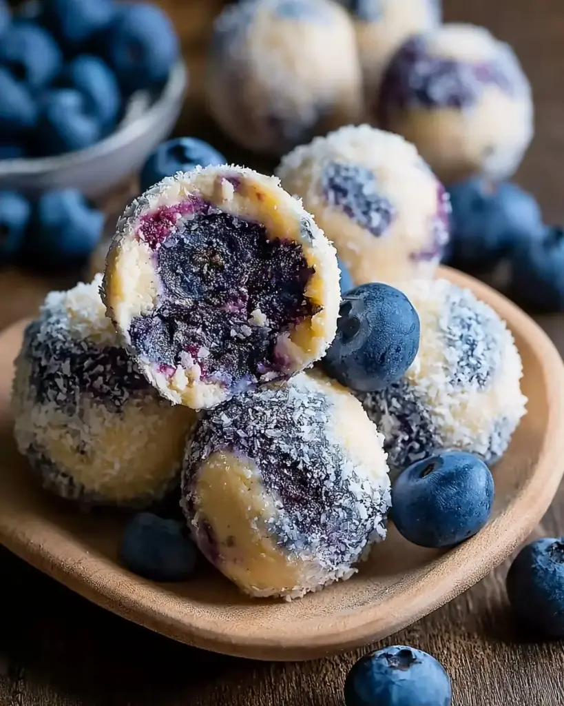 A delicious plate of Creamy Blueberry Cheesecake Protein Balls