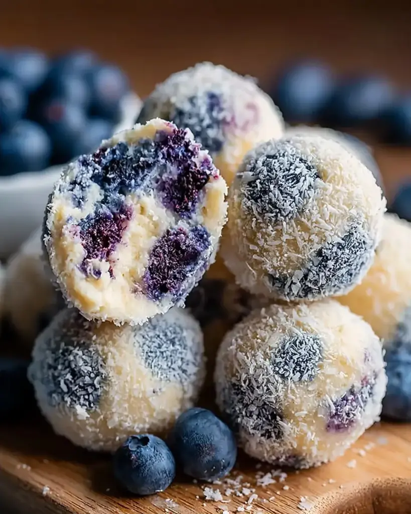 A delicious plate of Creamy Blueberry Cheesecake Protein Balls