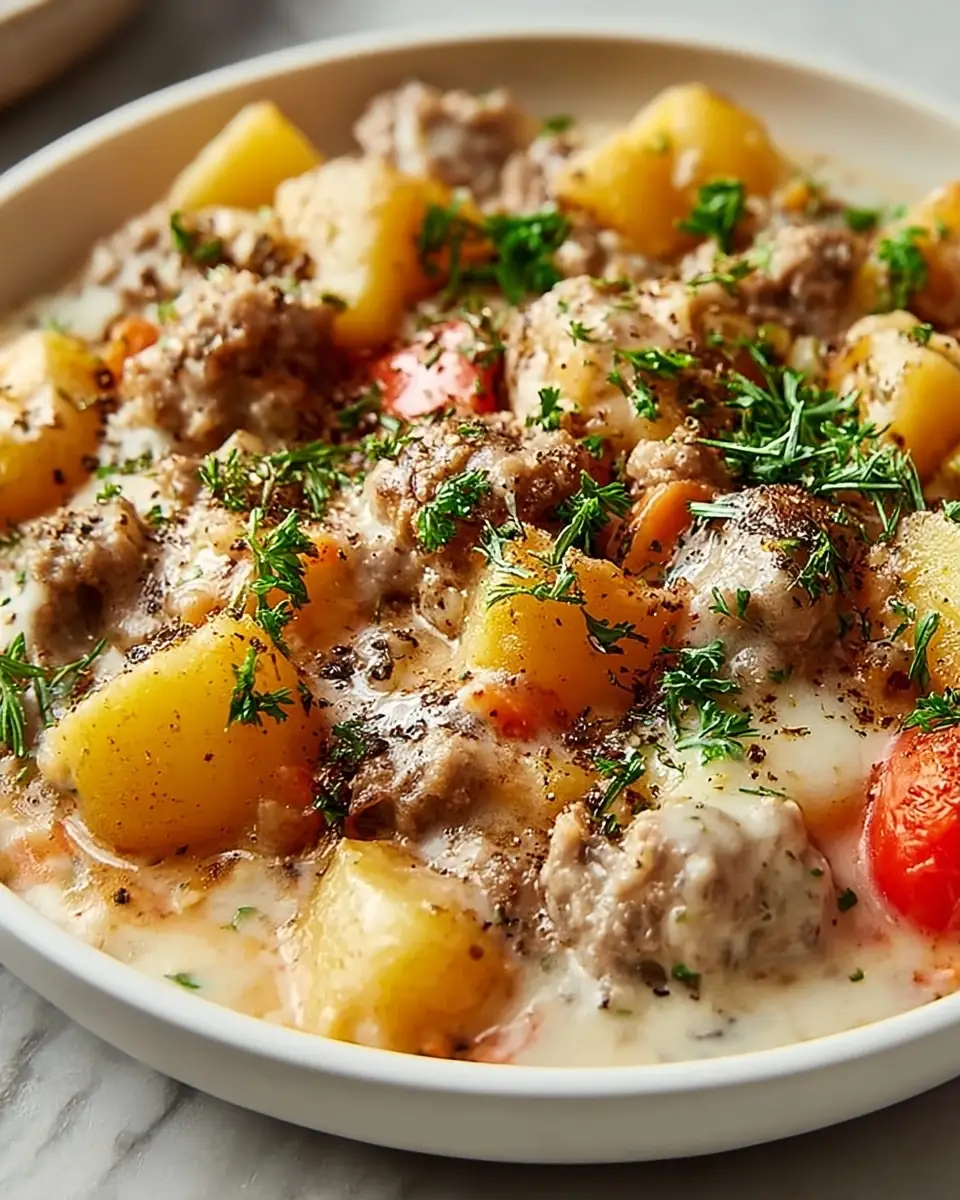 A delicious plate of Creamy Meat and Potato Skillet-Quick Family Meals