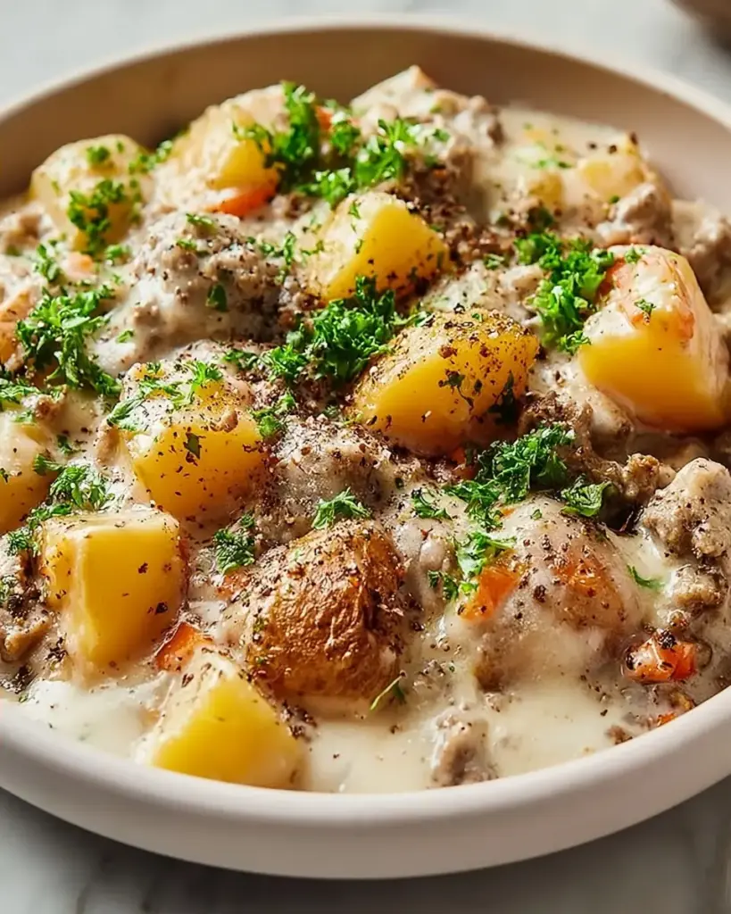 A delicious plate of Creamy Meat and Potato Skillet-Quick Family Meals