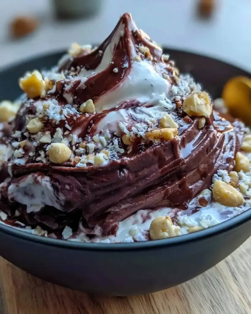 A delicious plate of Creamy Protein Brownie Batter Greek Yogurt Bowl