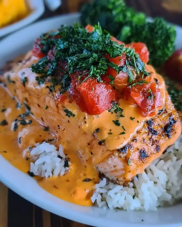 A delicious plate of Creamy Roasted Red Pepper Salmon