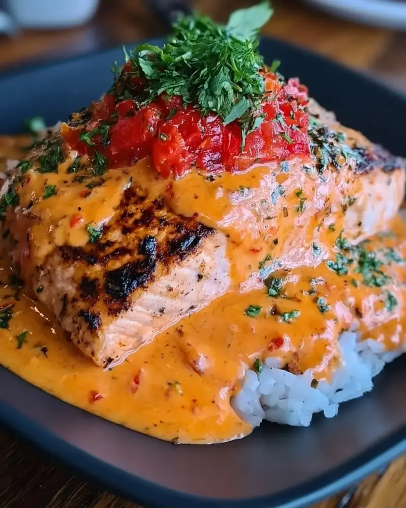 A delicious plate of Creamy Roasted Red Pepper Salmon