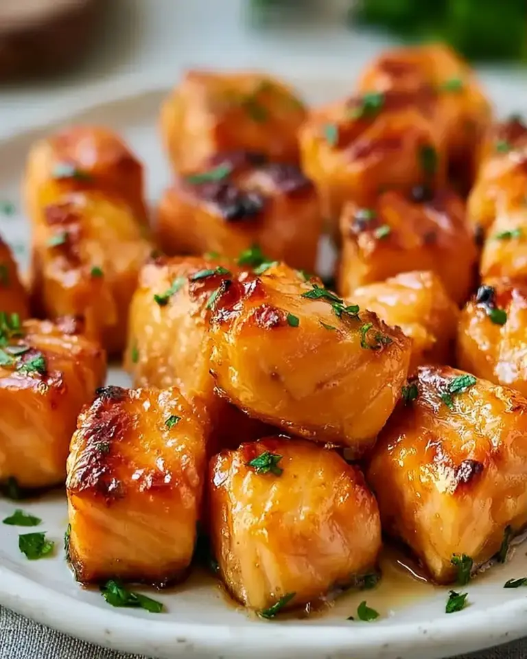A delicious plate of Crispy Air Fryer Honey Garlic Salmon Bites (20-Minutes)