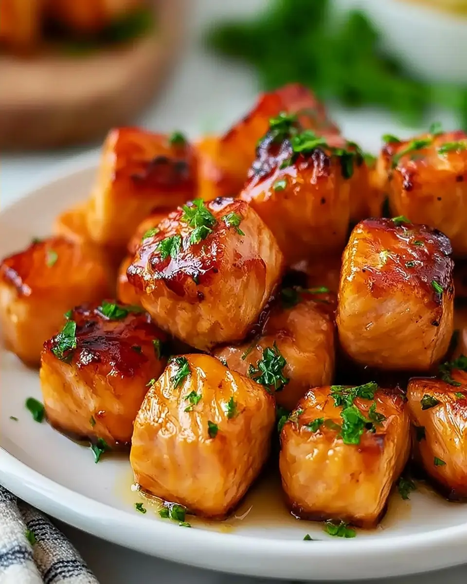 A delicious plate of Crispy Air Fryer Honey Garlic Salmon Bites (20-Minutes)