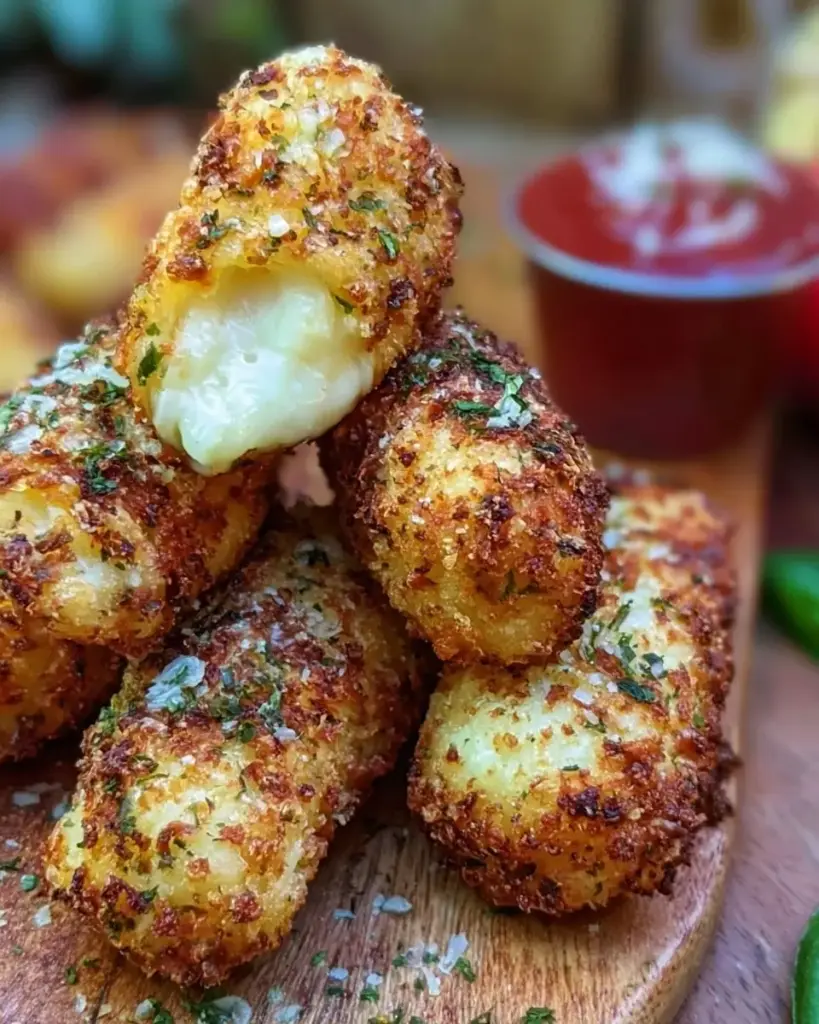 A delicious plate of Crispy Air Fryer Mozzarella Sticks Recipe Easy Homemade Gooey Center