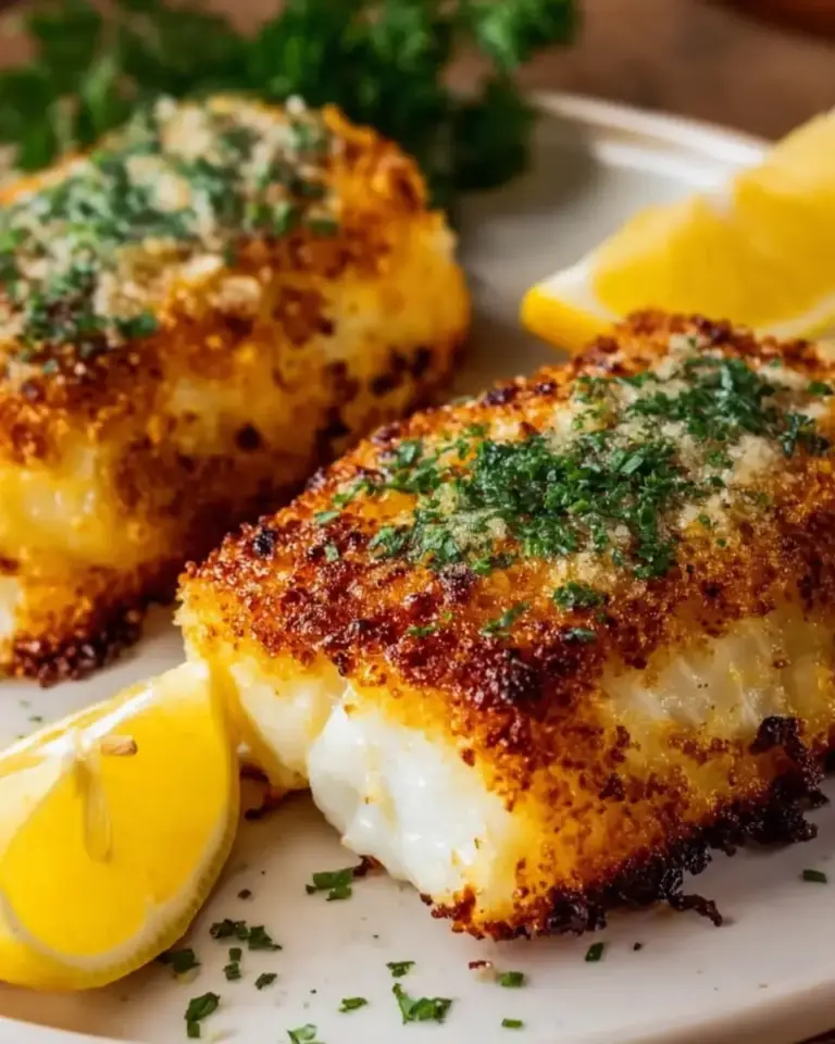 A delicious plate of Crispy Air Fryer Parmesan Cod | Easy Baked Fish in Air Fryer Dinner