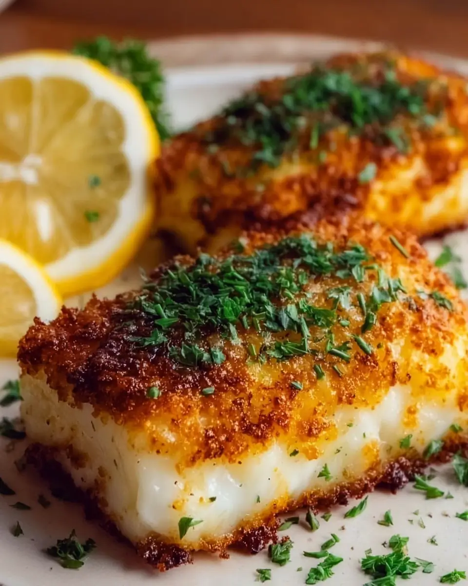 A delicious plate of Crispy Air Fryer Parmesan Cod | Easy Baked Fish in Air Fryer Dinner