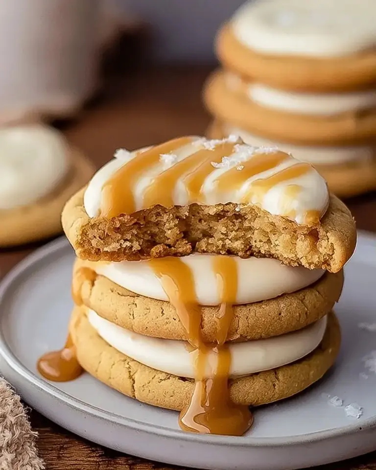 A delicious plate of Decadent Copycat Crumbl Salted Caramel Cheesecake Cookies at Home