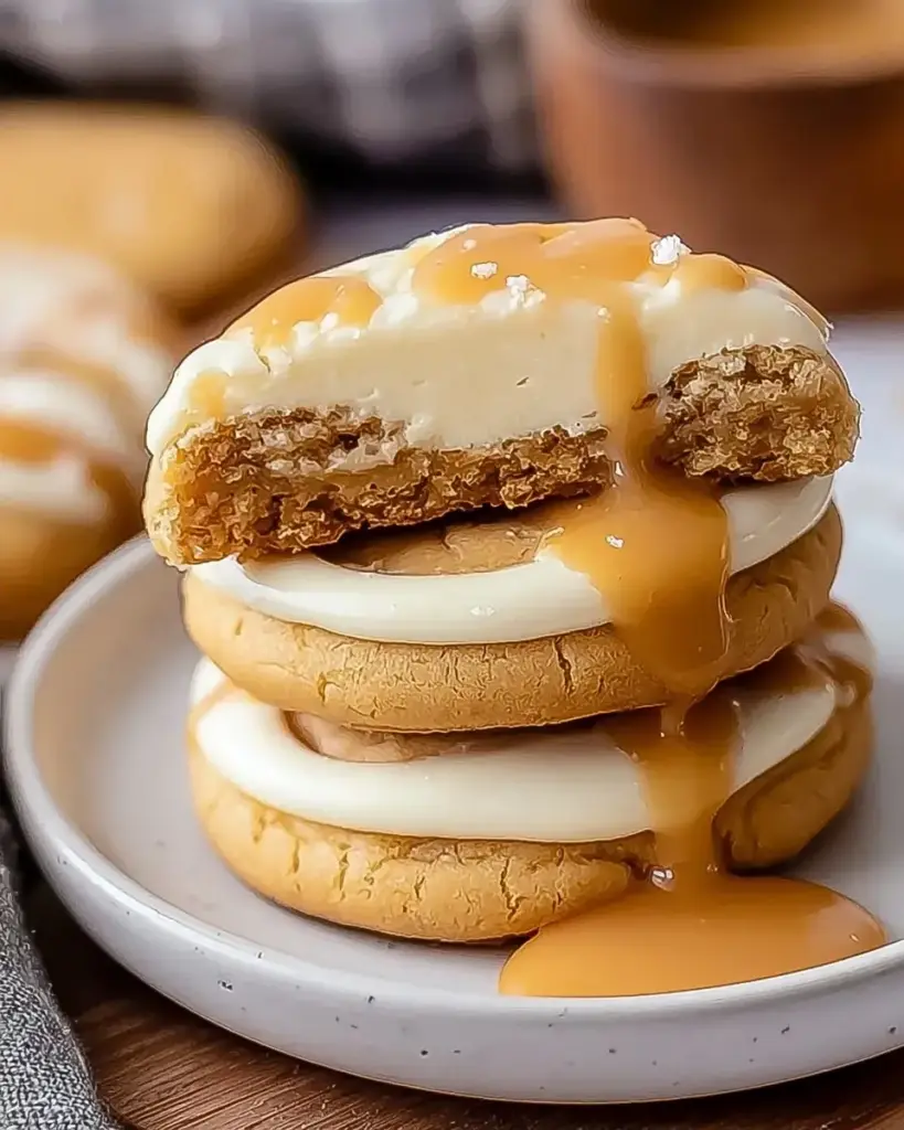 A delicious plate of Decadent Copycat Crumbl Salted Caramel Cheesecake Cookies at Home