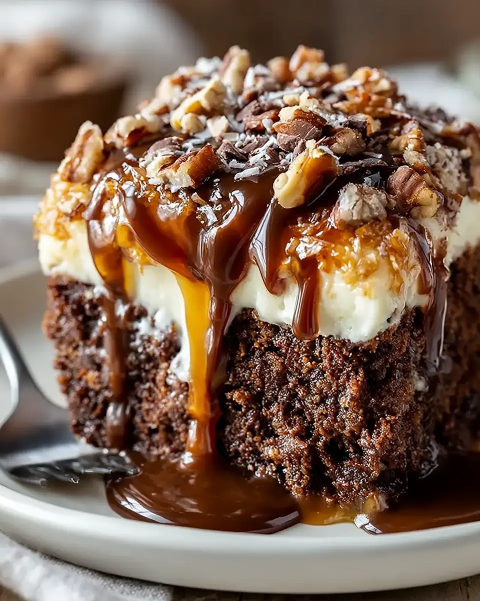 A delicious plate of Decadent German Chocolate Poke Cake