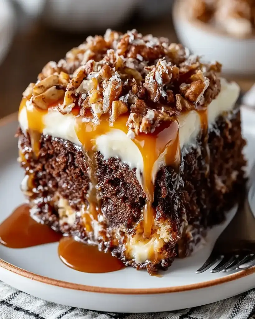 A delicious plate of Decadent German Chocolate Poke Cake