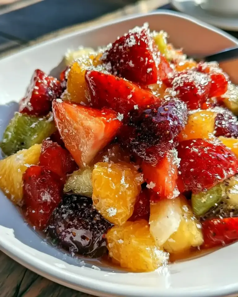 A delicious plate of Fresh Rainbow Fruit Salad with Champagne Vanilla Bean Syrup