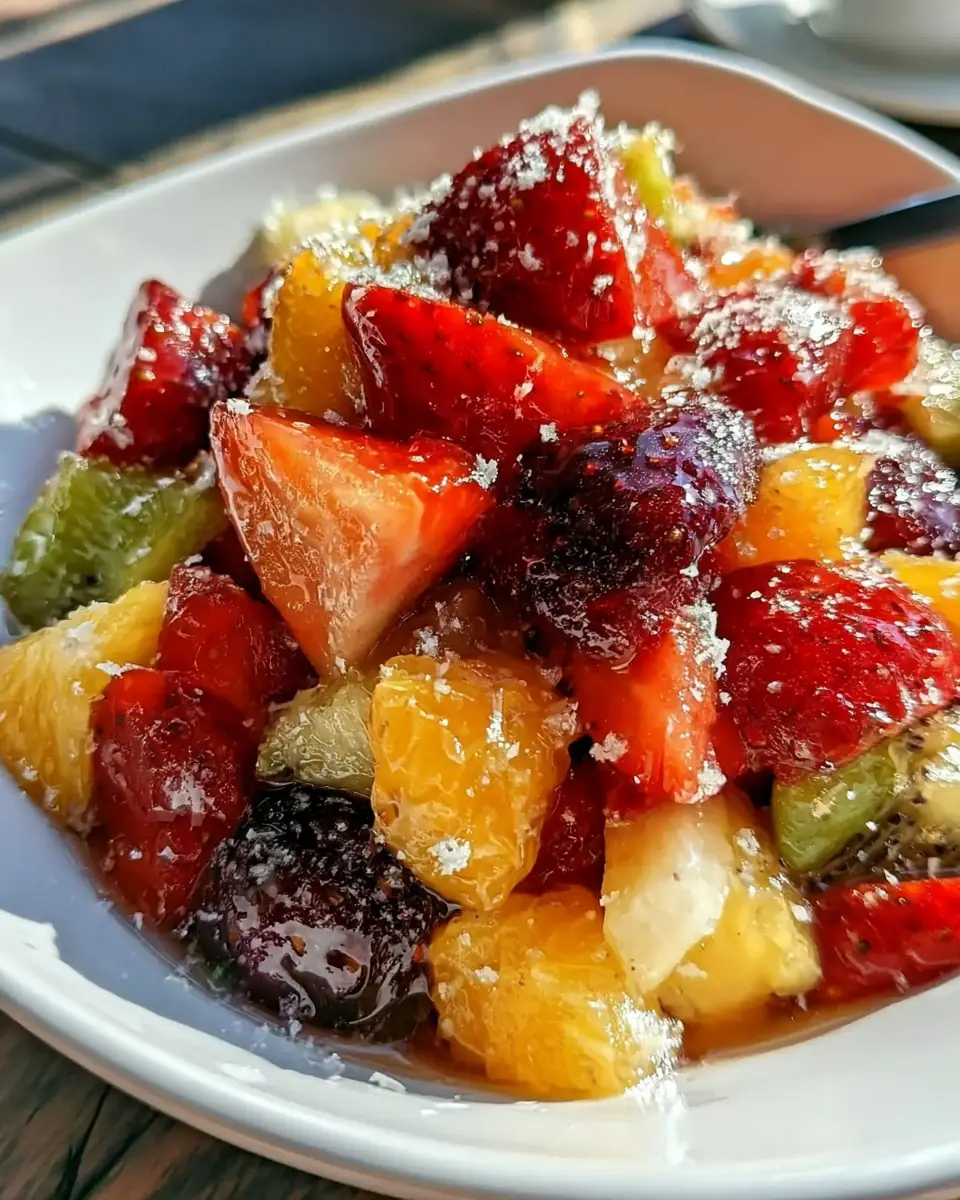 A delicious plate of Fresh Rainbow Fruit Salad with Champagne Vanilla Bean Syrup
