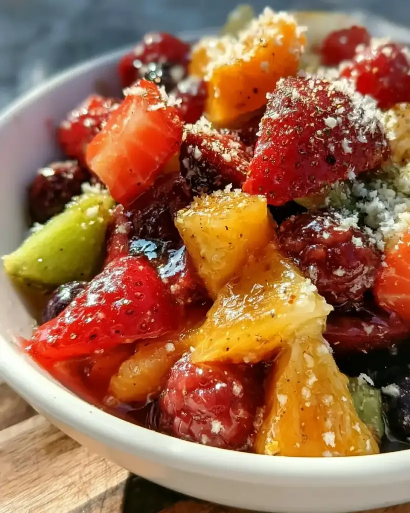 A delicious plate of Fresh Rainbow Fruit Salad with Champagne Vanilla Bean Syrup