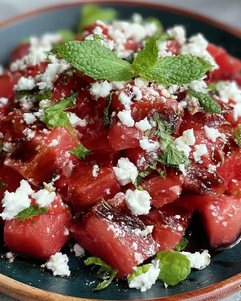 A delicious plate of Fresh Watermelon Feta Mint Salad Recipe with Easy Balsamic Glaze