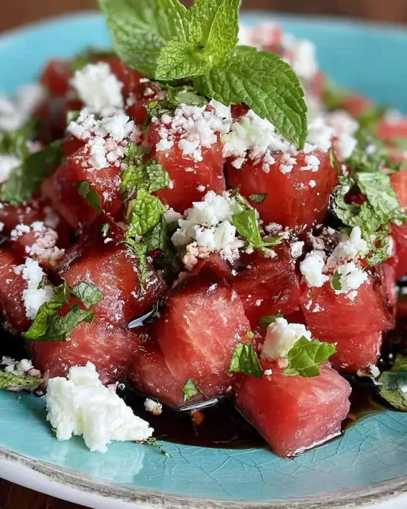A delicious plate of Fresh Watermelon Feta Mint Salad Recipe with Easy Balsamic Glaze