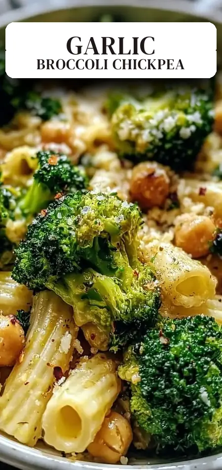Pinterest pin (Design 2) for Broccoli Chickpea Pasta with Garlic Olive Oil