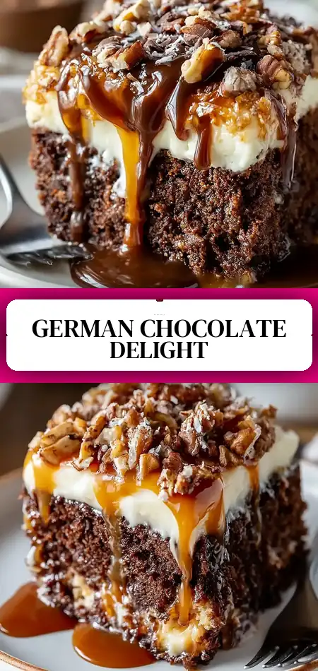 Pinterest pin (Design 3) for Decadent German Chocolate Poke Cake
