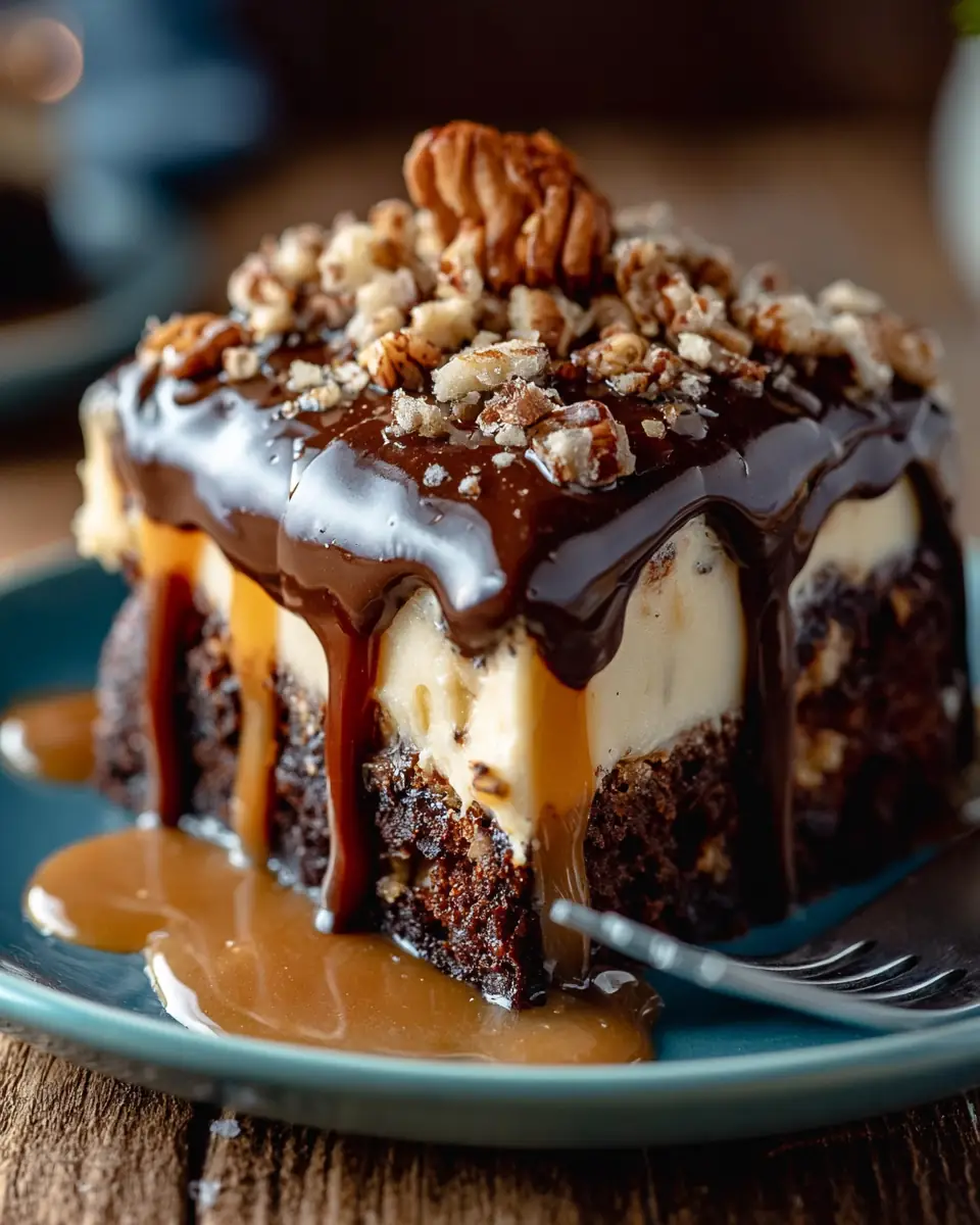 A delicious plate of German Chocolate Poke Cake