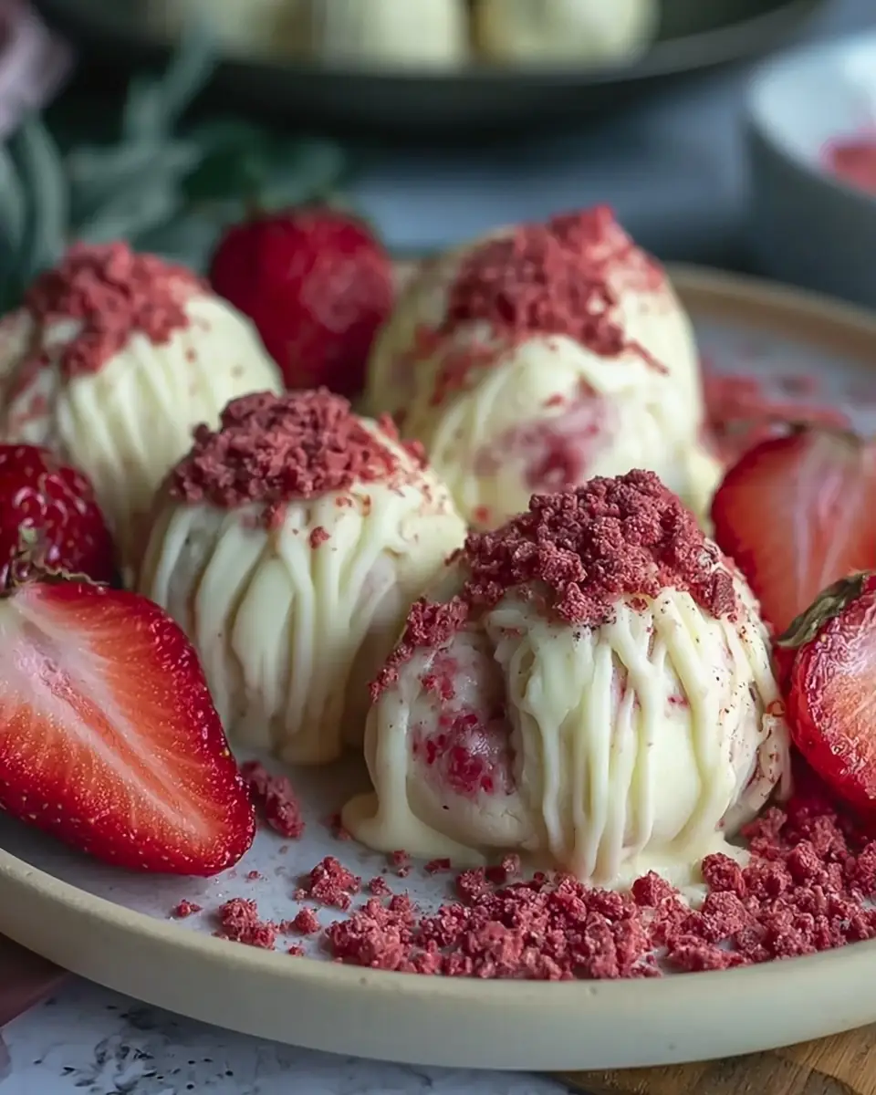 A delicious plate of Healthy Strawberry Cheesecake Protein Balls