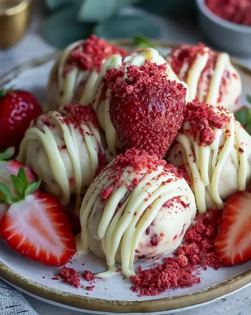 A delicious plate of Healthy Strawberry Cheesecake Protein Balls