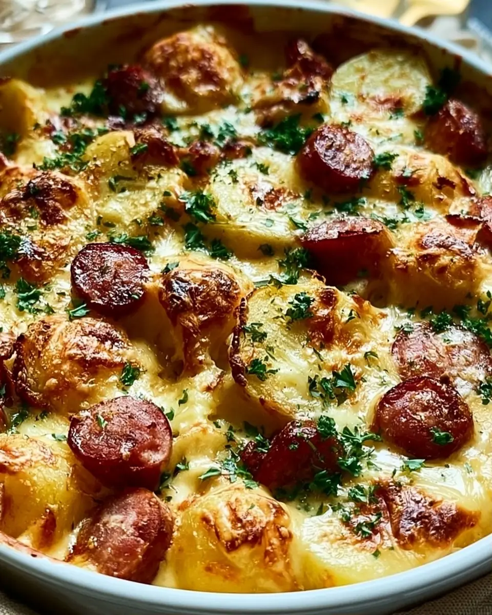 A delicious plate of Hearty Kielbasa and Cheesy Potato Casserole-Quick Family Meals