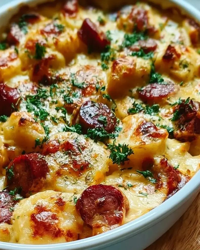 A delicious plate of Hearty Kielbasa and Cheesy Potato Casserole-Quick Family Meals
