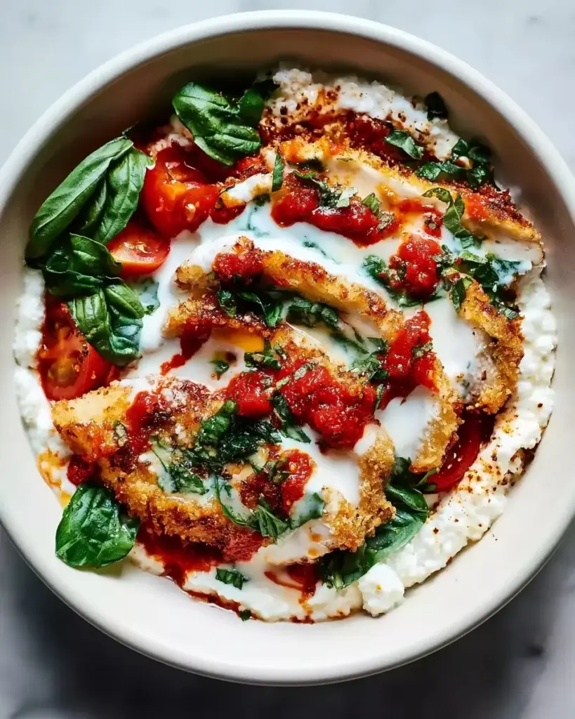 A delicious plate of High-Protein Chicken Parm Cottage Cheese Bowl