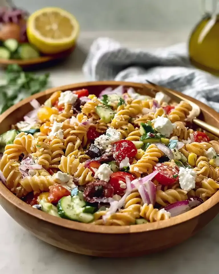 A delicious plate of High Protein Greek Pasta Salad