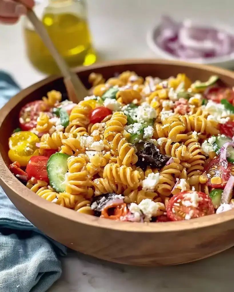 A delicious plate of High Protein Greek Pasta Salad