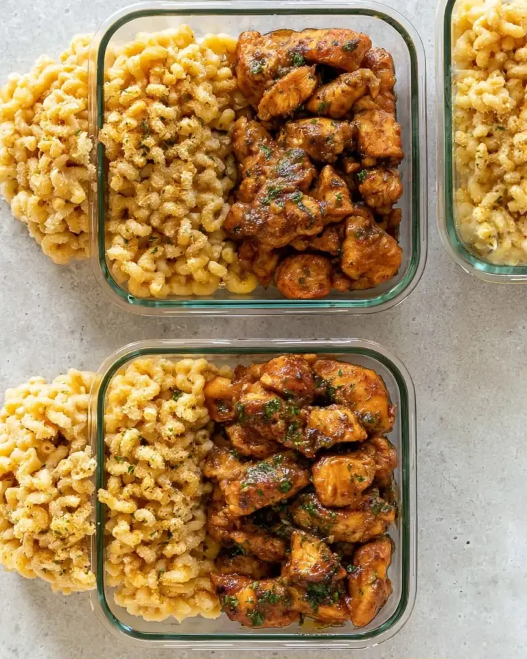 A delicious plate of High-Protein Honey Garlic Butter Chicken with Mac & Cheese