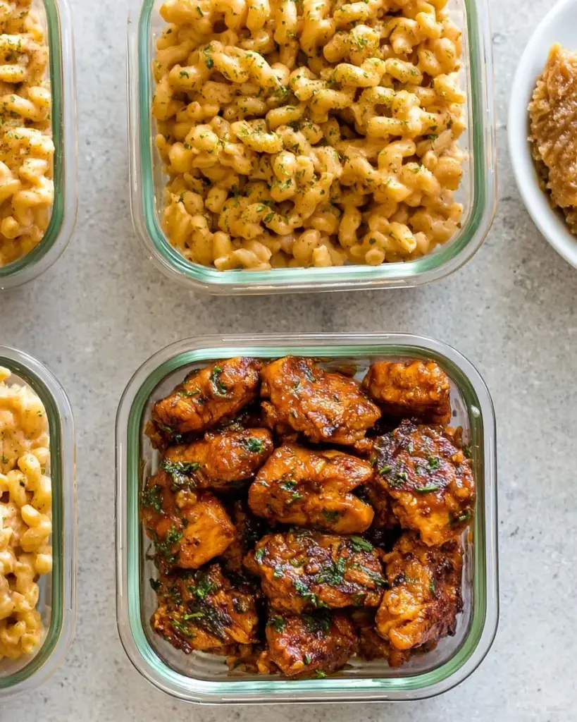 A delicious plate of High-Protein Honey Garlic Butter Chicken with Mac & Cheese