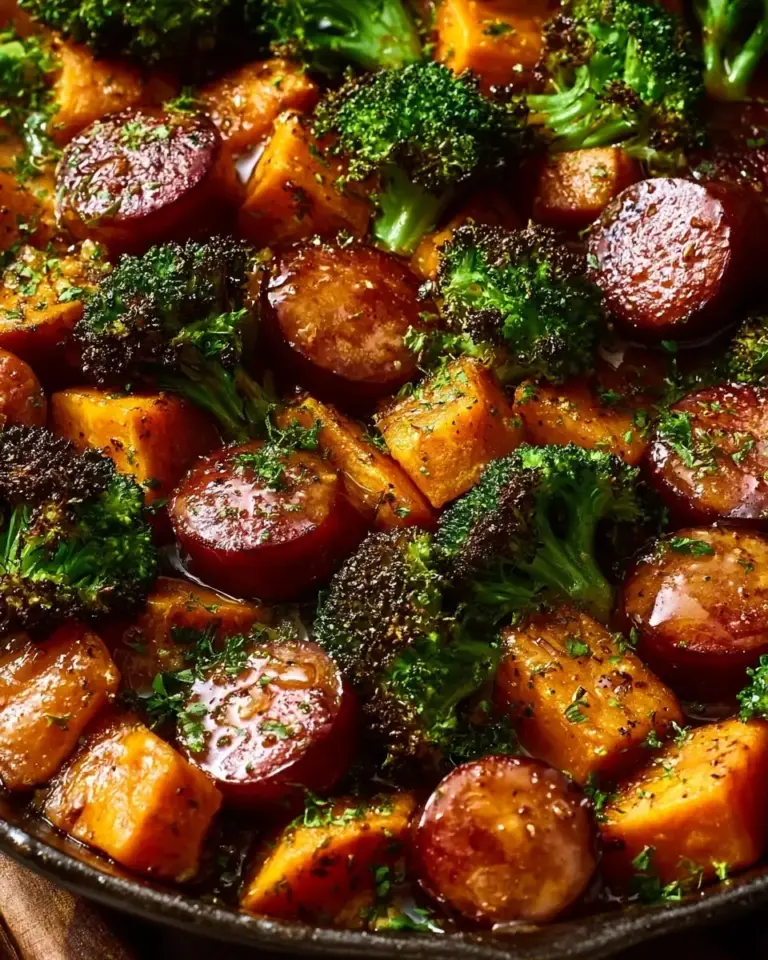 A delicious plate of Honey Garlic Sausage and Sweet Potato Sheet Pan Dinner
