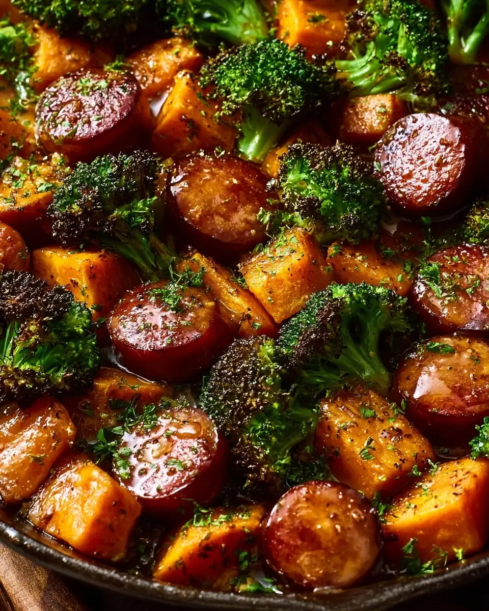 A delicious plate of Honey Garlic Sausage and Sweet Potato Sheet Pan Dinner