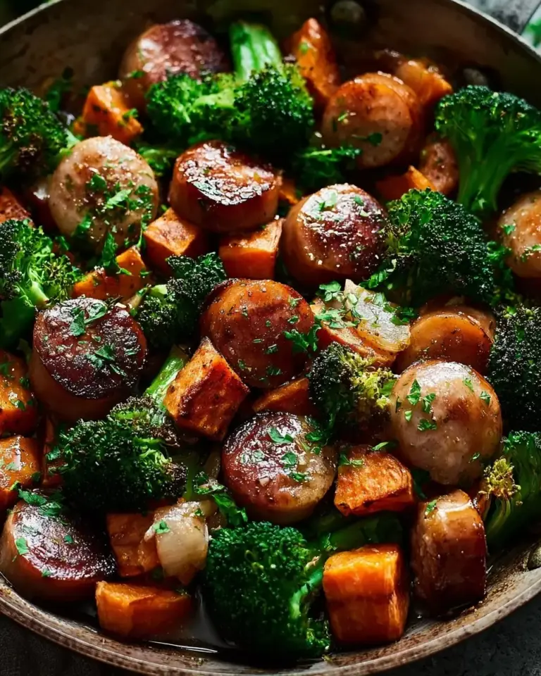 A delicious plate of Honey Garlic Sausage and Sweet Potato Sheet Pan Dinner