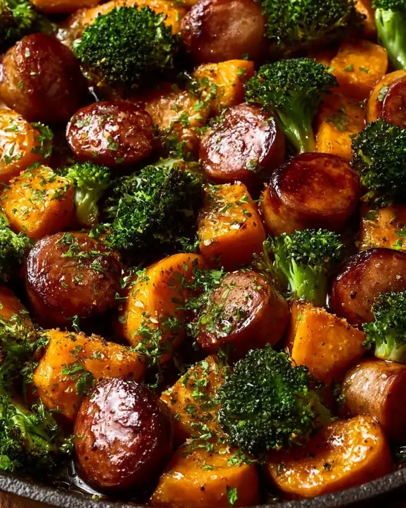 A delicious plate of Honey Garlic Sausage and Sweet Potato Sheet Pan Dinner