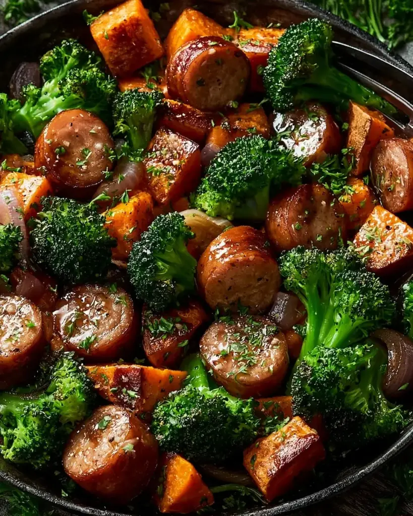 A delicious plate of Honey Garlic Sausage and Sweet Potato Sheet Pan Dinner